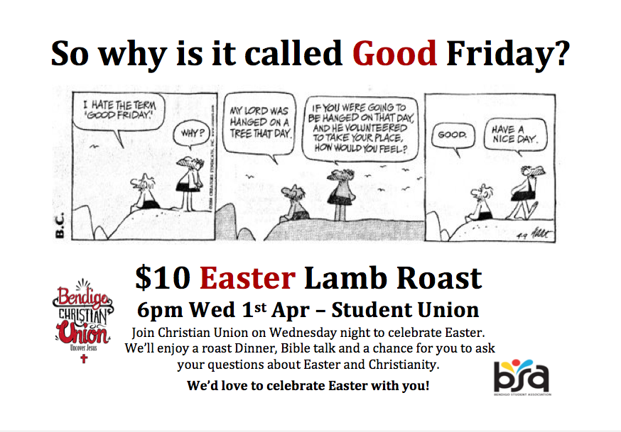 $10 Easter Lamb Roast 6pm Wednesday 1 April in the Student Union
